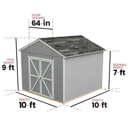 10x10 storage shed with a roof and door, showcasing its compact dimensions for versatile outdoor use