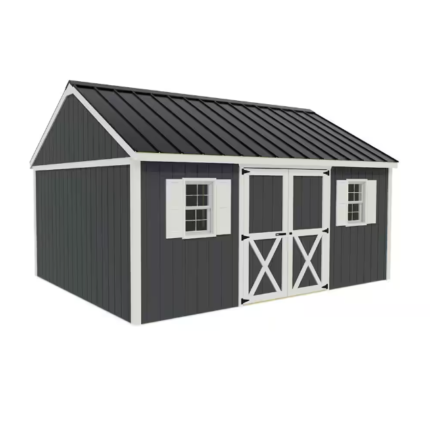 16x12 shed in gray with white trim and a black roof, standing prominently in a garden setting