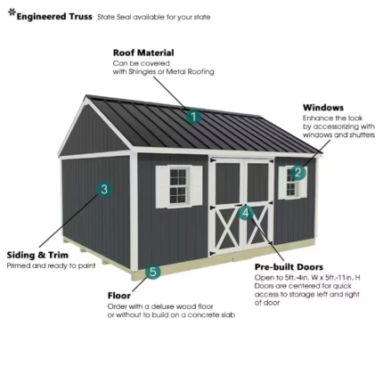 16x12 shed showcasing its design features and detailed measurements for clarity and reference