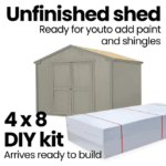 A 4x8 DIY shed kit featuring unfinished shed graphics and packaged materials, ready to build. This Outdoor Wood Storage Shed kit is ideal for creating a 10x10 storage shed.