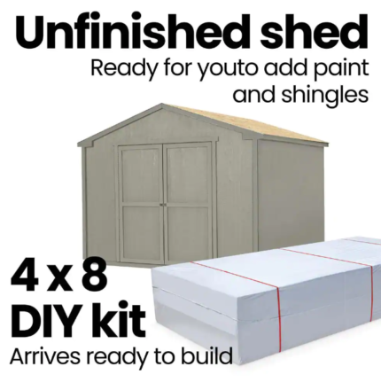 A 4x8 DIY shed kit featuring unfinished shed graphics and packaged materials, ready to build. This Outdoor Wood Storage Shed kit is ideal for creating a 10x10 storage shed.