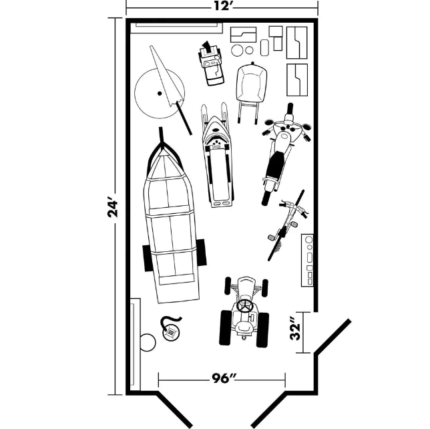 Garage Storage Shed , A detailed drawing of a garage featuring a boat, motorcycle, and various other items arranged inside.