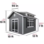 A gray shed with dimensions width 10 ft, length 12 ft, peak height 10 ft, sidewall height 7 ft, and door opening 56 in. It has a gable roof and large windows with shutters.