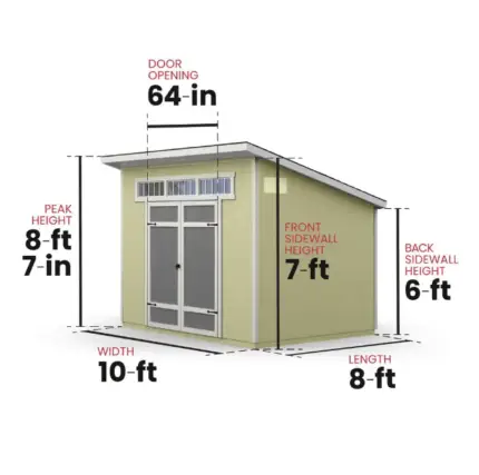 A modern outdoor wood shed with detailed dimensions displayed, showcasing its compact size and design features