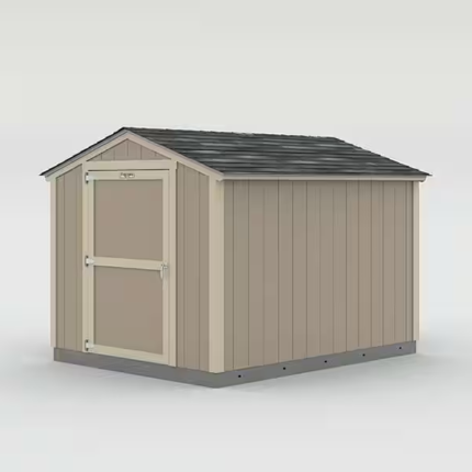 A small 8x10 wood storage shed featuring a black roof, set against a clear sky, showcasing its simple and functional design