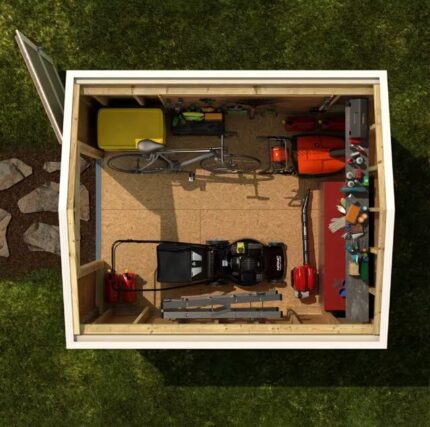 A small 8x10 wooden storage shed filled with various tools and items, showcasing organized interior space