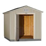 A small 8x10 wooden storage shed with an open door, revealing its interior space for storage