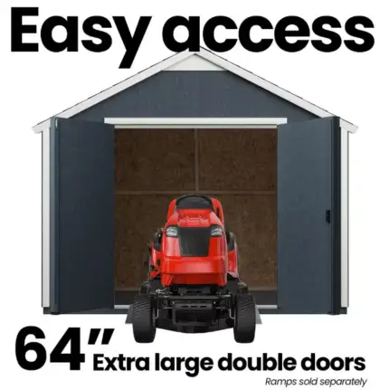 A small garage featuring a lawn mower and a sign indicating easy access, dimensions 64 x 16 x 24, alongside a 10x12 wood shed