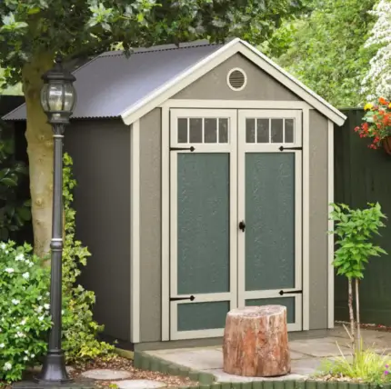 6 ft. x 8 ft. Garden Wood Storage Shed ,small shed featuring a door and a lamp, set against a serene backdrop, providing a cozy and inviting atmosphere