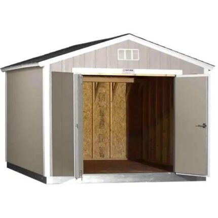 An open door reveals the interior of a small 10x12 storage shed, showcasing its utility and accessibility