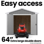 Red lawn tractor in front of a shed with large open double doors, text "Easy access" and "64" Extra large double doors".