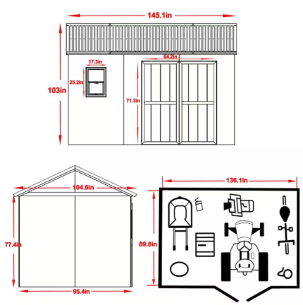 Three technical drawings of a shed with labeled dimensions front view (145.1in x 103in), side view (104.6in x 77.4in), and top view showing placement of various tools and equipment inside the