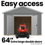 red tractor stands in front of a 10x12 shed door, emphasizing its bold color and functional design.